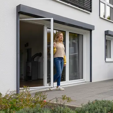 Frau steht auf Terrasse mit geöffneter Fliegengitter Drehtür als Insektenschutz nach Maß
