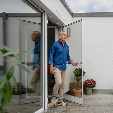 Mann öffnet Terrassentür mit Fliegengitter Drehtür als Insektenschutz nach Maß