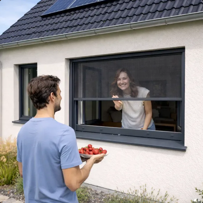 Mann reicht Erdbeeren durch ein Fenster mit Fliegengitter