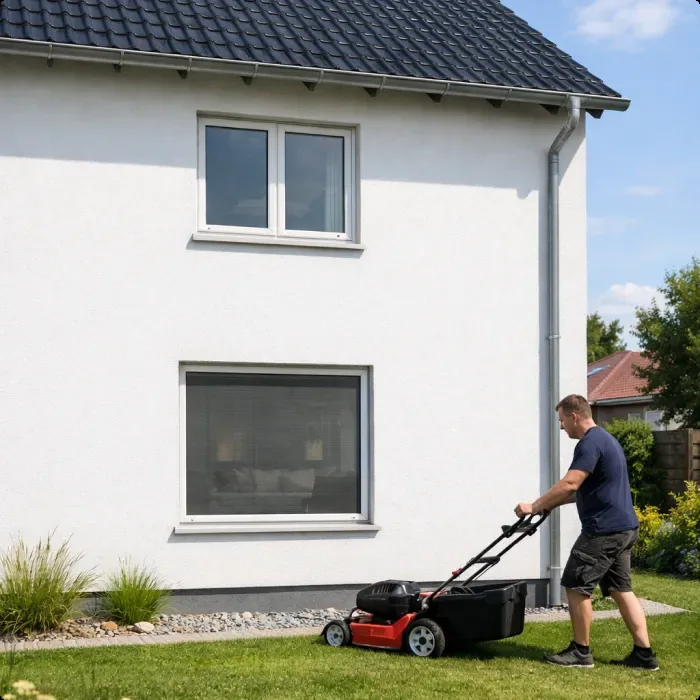 Mann mäht den Rasen vor einem Haus mit Fliegengitter Fenstern