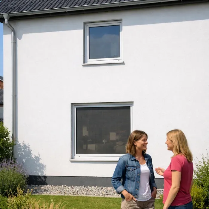 Zwei Frauen unterhalten sich vor einem Haus mit Insektenschutz