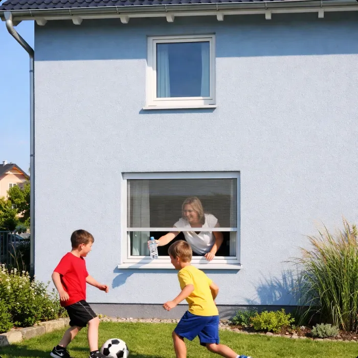 Kinder spielen Fußball vor einem Fenster mit Fliegengitter