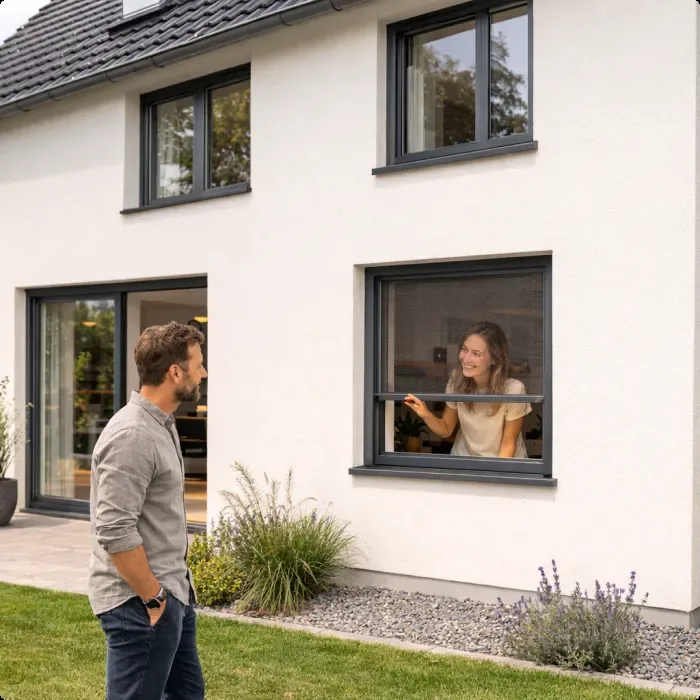 Mann geht an einem Fenster mit Insektenschutzrollo vorbei