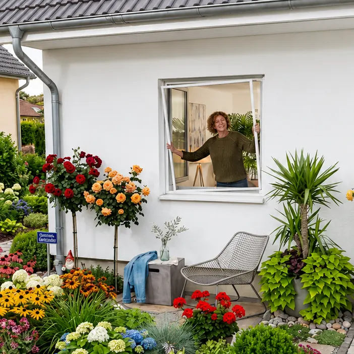 Frau öffnet ein Fenster mit Fliegengitter, davor blühende Pflanzen