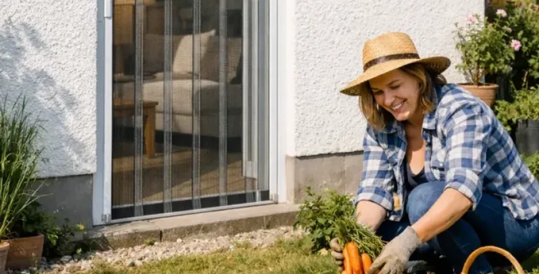 Frau im Garten neben einer Terrassentür mit Fliegengitter Lamellenvorhang