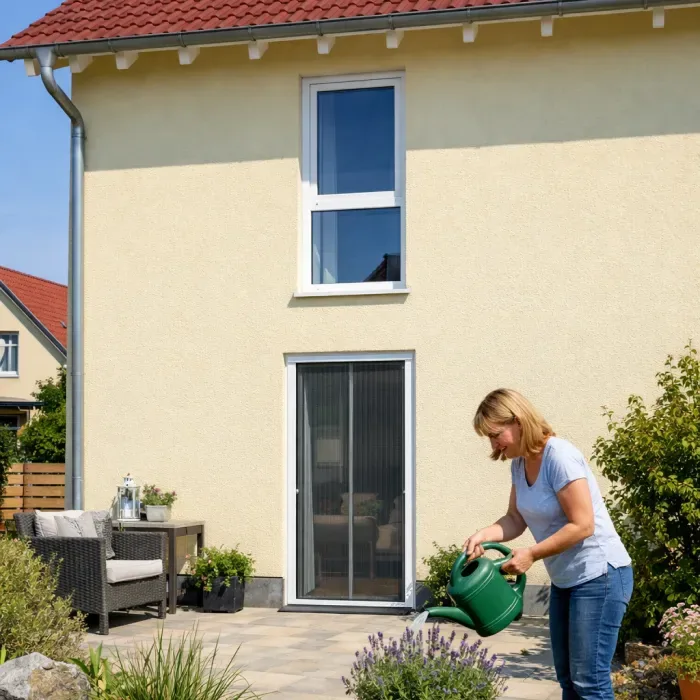 Frau gießt Pflanzen vor einer Terrassentür mit Lamellenvorhang