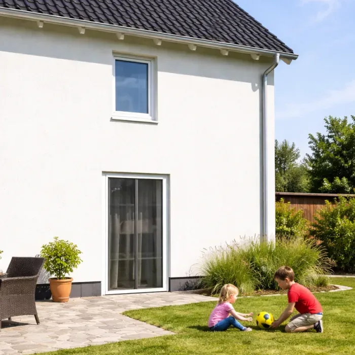 Kind spielt im Garten vor einer Tür mit Fliegengitter Lamellen