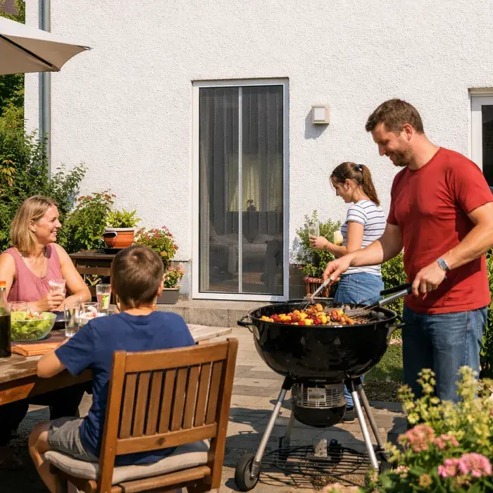 Familie grillt auf der Terrasse neben einer Tür mit Insektenschutz