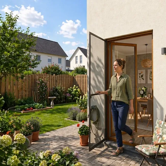 Familie auf der Terrasse, Tür mit Fliegengitter geöffnet