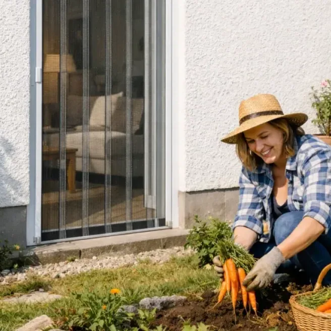 Frau im Garten vor einer Terrassentür mit Insektenschutz