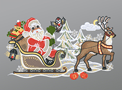 Fensterbild aus Plauener Spitze® - Weihnachtsmann mit Schlitten und Rentier #1W mehrfarbig