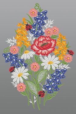 Fensterbild aus Plauener Spitze® - Blumenstrauß mit Marienkäfern #1W mehrfarbig