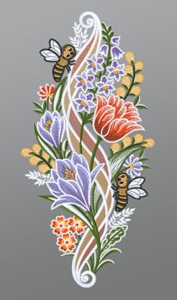 Fensterbild aus Plauener Spitze® - Lilien mit Bienen #1W mehrfarbig