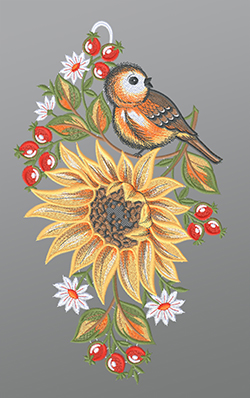 Fensterbild aus Plauener Spitze® - Sonnenblume mit Vögelchen #1W mehrfarbig