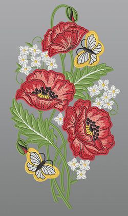 Fensterbild aus Plauener Spitze® - Mohnblumen mit Schmetterlingen #1W mehrfarbig