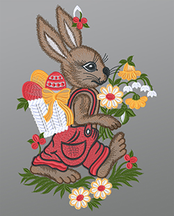 Fensterbild aus Plauener Spitze® - Hase mit Osterkörbchen #1W mehrfarbig
