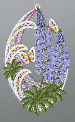 Fensterbild aus Plauener Spitze® - Lupinen mit Schmetterlingen #1W in Violett-mehrfarbig
