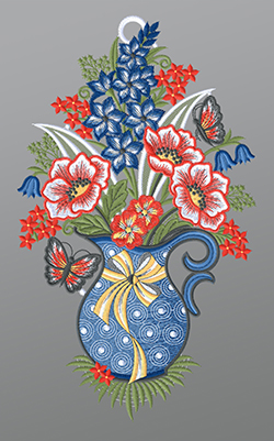 Fensterbild aus Plauener Spitze® - Blumenstrauß in Kanne #1W mehrfarbig