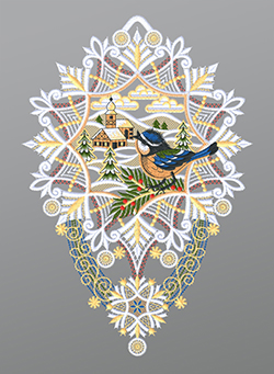 Fensterbild aus Plauener Spitze® - Blaumeise mit Kapelle und Stern #1W mehrfarbig