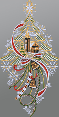 Fensterbild aus Plauener Spitze® - Kirche mit Tannenbaum und Glocken #1W mehrfarbig