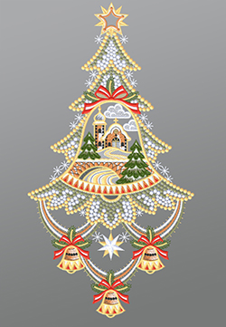 Fensterbild aus Plauener Spitze - Weihnachtsbaum mit Kirche #1W mehrfarbig