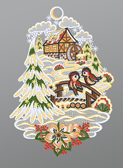 Fensterbild aus Plauener Spitze® - Wassermühle in Winterlandschaft #1W mehrfarbig
