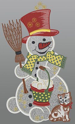 Fensterbild aus Plauener Spitze® - Schneemann mit Kätzchen #1W mehrfarbig