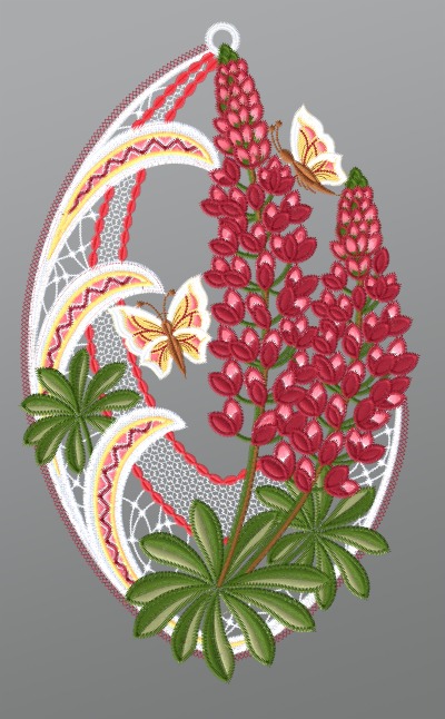 rot-mehrfarbig Vorschau Fensterbild aus Plauener Spitze® - Lupinen mit Schmetterlingen #1W in Violett-mehrfarbig rot-mehrfarbig
